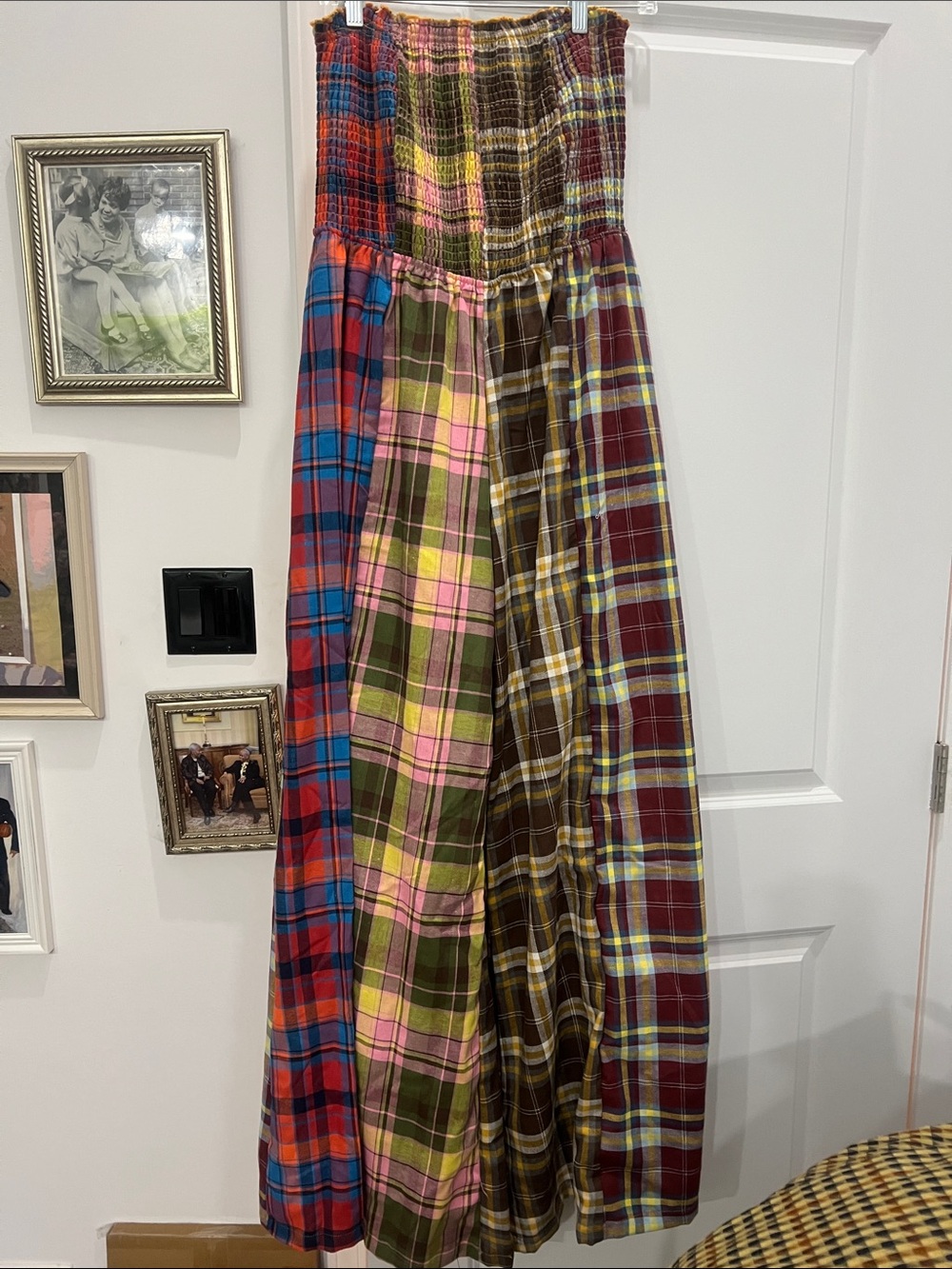 Patchwork Plaid Strapless Wide-Leg Jumpsuit